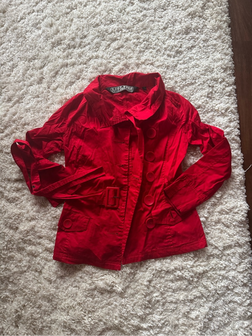 Red Women's Cropped Trench Button-Front Jacket with Belt